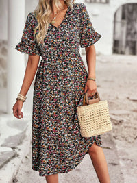 Summer Women V Neck Elegant Printed Short Sleeve High Waist A Line Floral Holiday Dress