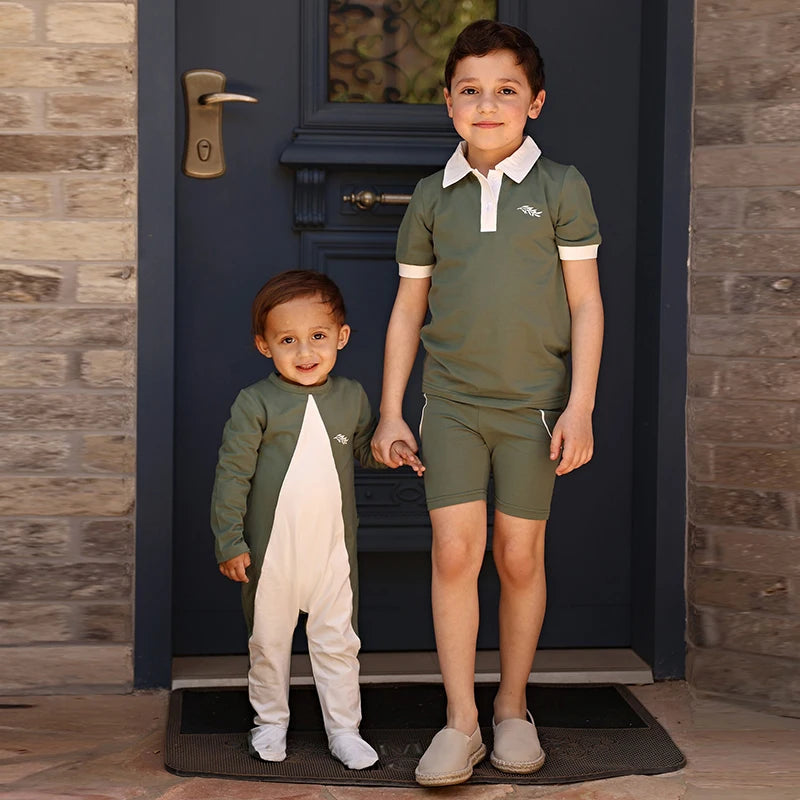 AA-SS26 Bow shabbos robe set family matching kds clothing olive leaf printed girls dresses boys shirt leggings baby romper