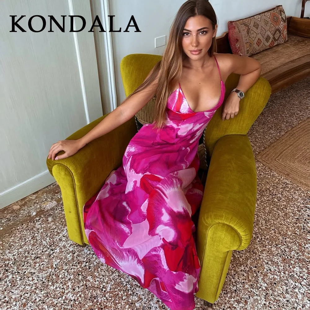 KONDALA 2026 Spring Summer Chiffon Boho Women Cami Dresses Fashion Strapless Sleeveless Print Zipper Chic Ladies Cami Dresses