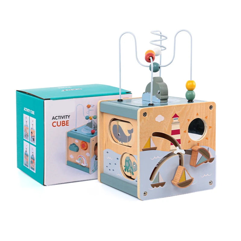 Wooden Activity Cube for Toddlers 5in1 Animal Shape Sorter Bead Maze Montessori Educational Toys Baby 6-12 Months Learning Toys
