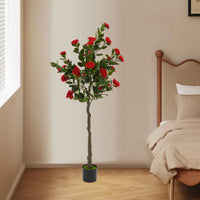 150cm Artificial Camellia Tree Camellia Plant in Pot with Red Flowers Red Artificial Camellia Trees for Living Rooms, Studies, B