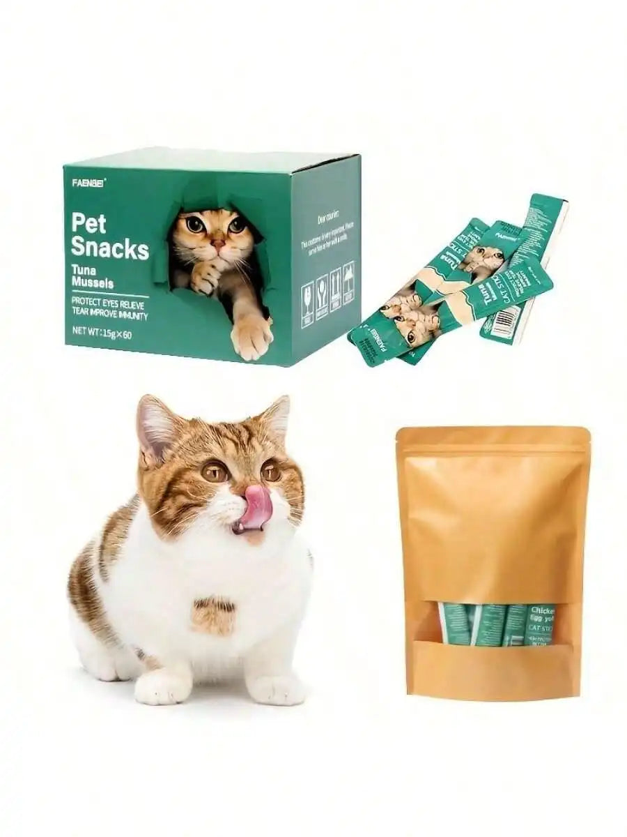 Pet Snacks, Assorted Lickable & Squeezable Cat Treats, Chicken Egg Yolk/Salmon Krill/Tuna Mussels, 0.52 Oz Pouches,