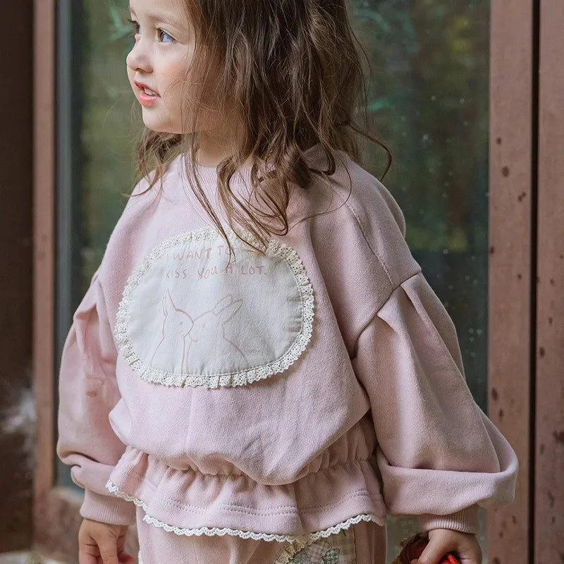 WT2768 Korean Style Spring Autumn Cute Rabbit Patch Lace Waist Short Sweatshirt for Girls Children's Clothing 2026 New Arrival