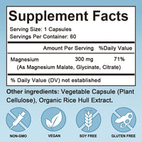 Triple Magnesium Complex - Malate + Glycinate + Citrate - High Absorption, Support Muscle, Bone & Nerves Health, 60 Capsules