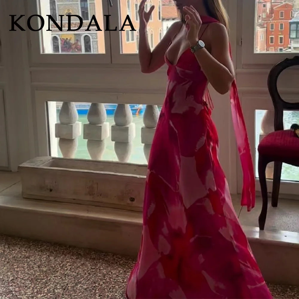 KONDALA 2026 Spring Summer Chiffon Boho Women Cami Dresses Fashion Strapless Sleeveless Print Zipper Chic Ladies Cami Dresses