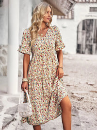 Summer Women V Neck Elegant Printed Short Sleeve High Waist A Line Floral Holiday Dress