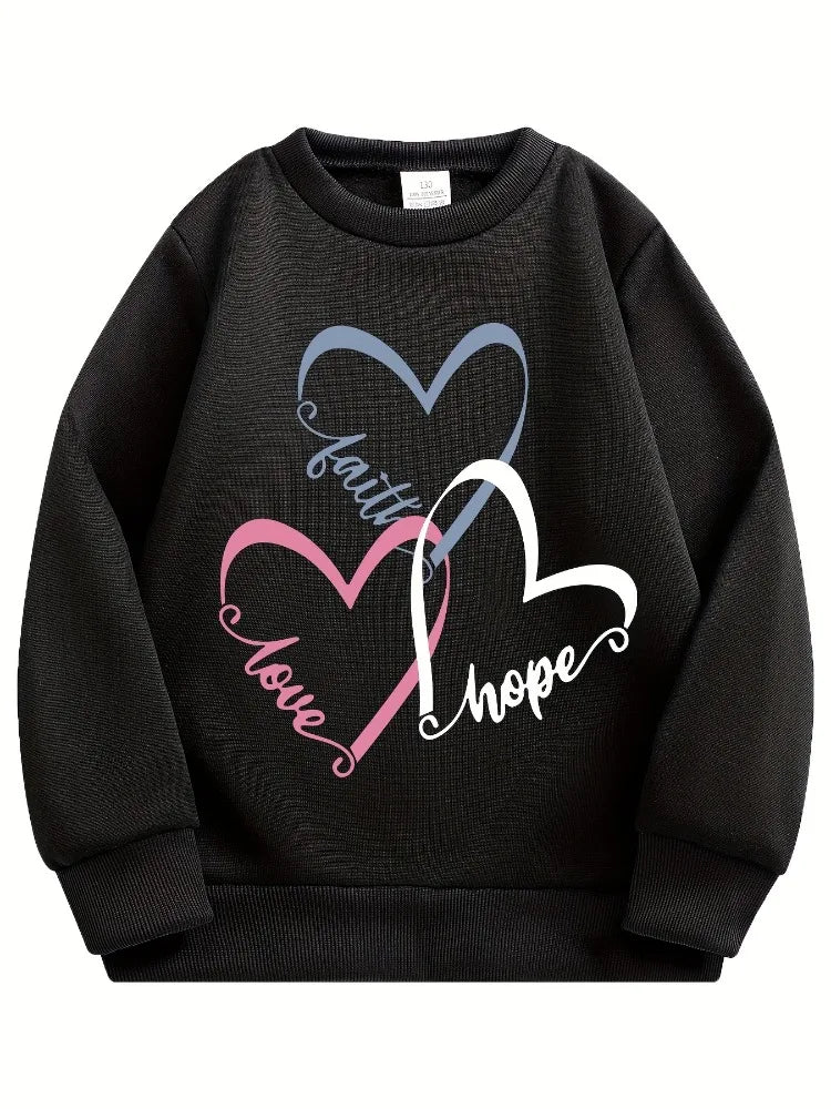 3-piece Set Spring Baby Girls Sweet Sweatshirts Kid Heart Printed Pullover Children Purple Black Pink Long Sleeve T-shirts Top
