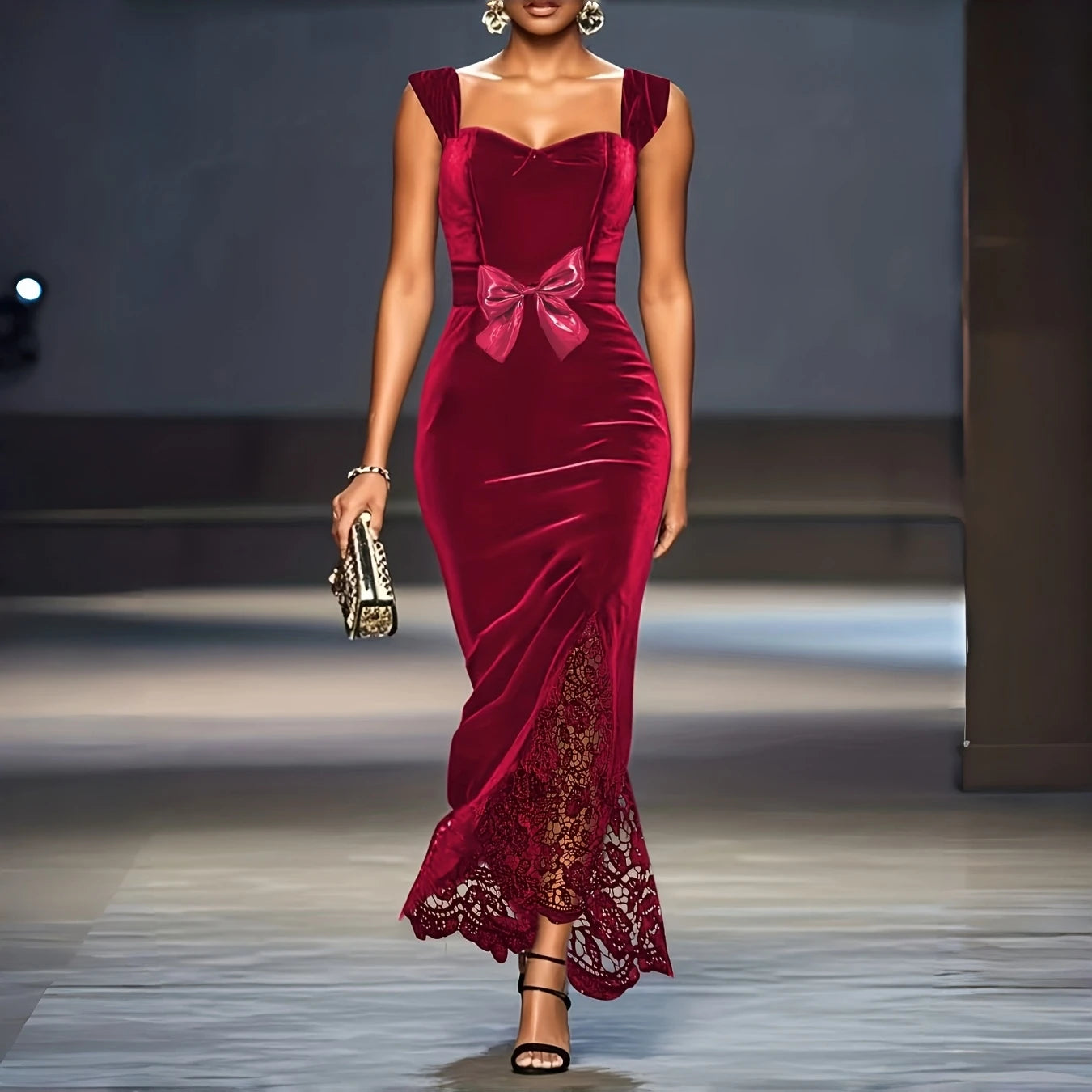 Women Velvet Maxi Dress Spring Summer Sleeveless Lace Patchwork Bow Waist Bodycon Evening Party Cocktail Runway Elegant Dress