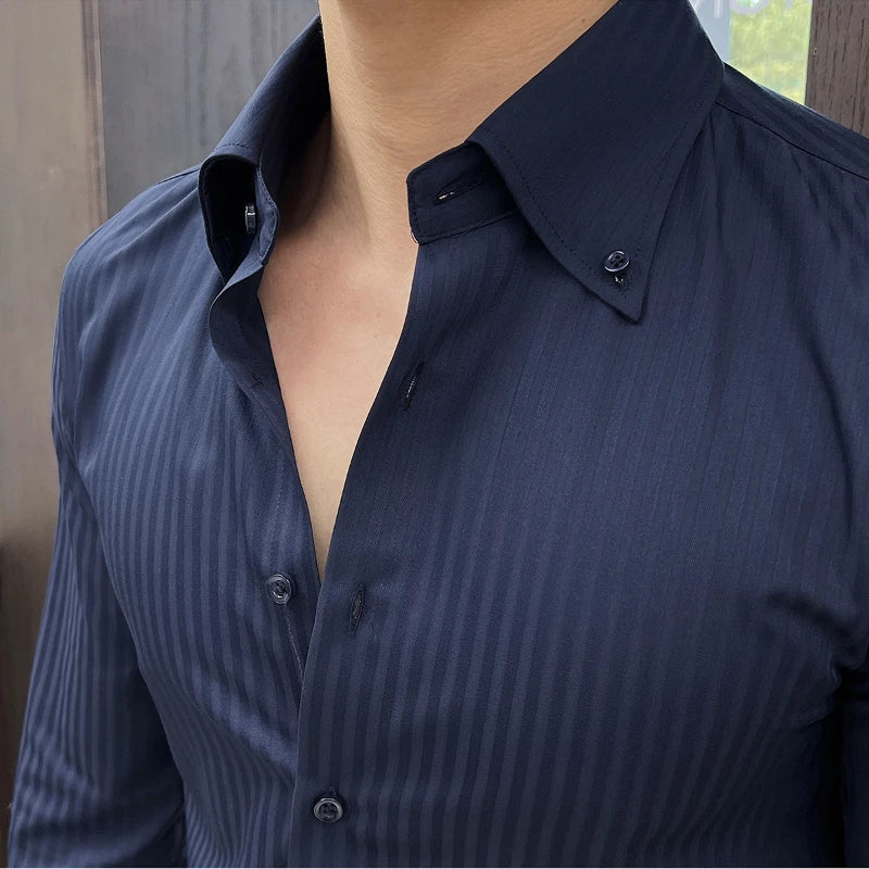 High-quality autumn men's new long-sleeve dark striped slim-fit shirt business casual formal workwear M-4XL