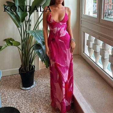 KONDALA 2026 Spring Summer Chiffon Boho Women Cami Dresses Fashion Strapless Sleeveless Print Zipper Chic Ladies Cami Dresses