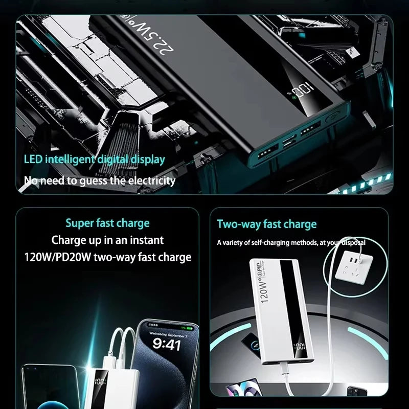 Lenovo 200000mAh Powerbank 120W Fast Charging Portable Battery Charger Ultra Capacity LED Digital Display For IPhone Samsung