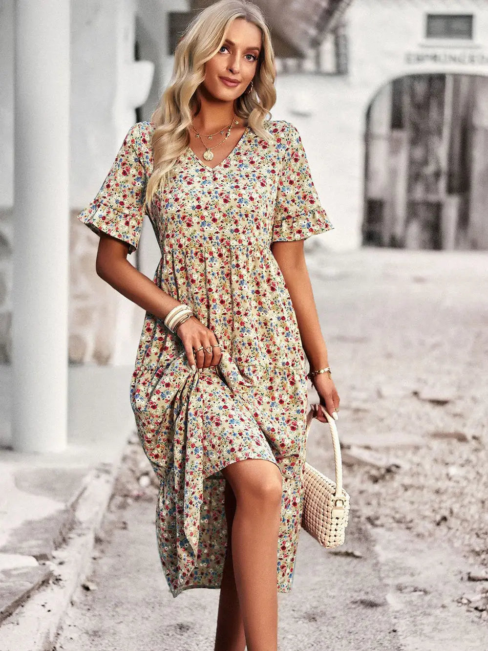Summer Women V Neck Elegant Printed Short Sleeve High Waist A Line Floral Holiday Dress