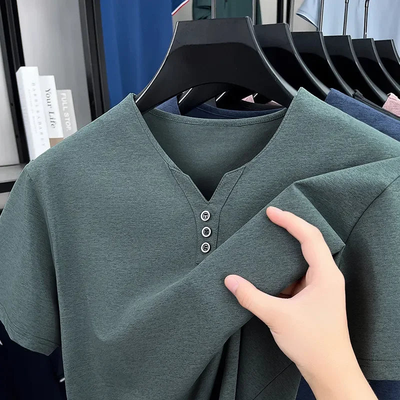 New Men's Casual and Fashionable Three Button V-neck Solid Color Short Sleeved T-shirt Summer Versatile Top