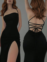 Sexy Solid Color Criss-Cross Backless High Slit Dress Summer Party