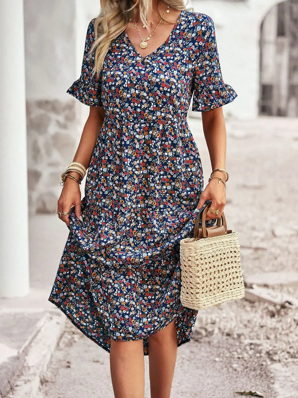 Summer Women V Neck Elegant Printed Short Sleeve High Waist A Line Floral Holiday Dress