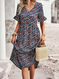 Summer Women V Neck Elegant Printed Short Sleeve High Waist A Line Floral Holiday Dress