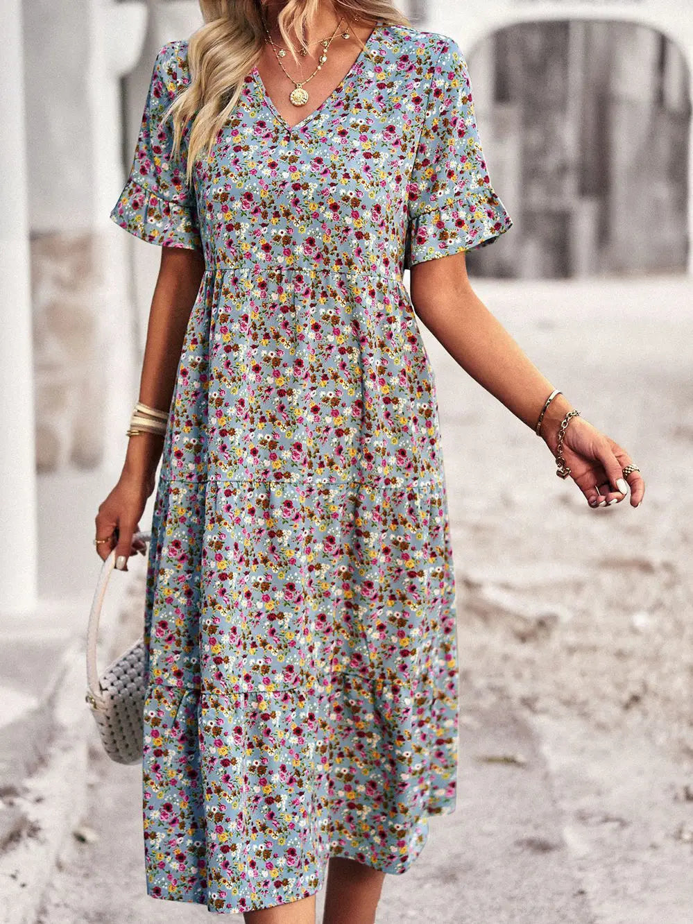 Summer Women V Neck Elegant Printed Short Sleeve High Waist A Line Floral Holiday Dress