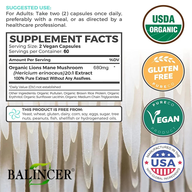 Lion's Mane Mushroom Extract Supplement for Mood and Sleep Health, Non-GMO, Gluten-free