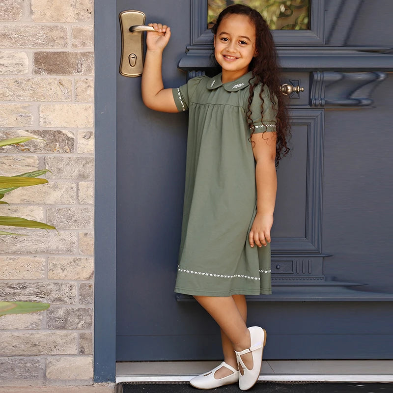 AA-SS26 Bow shabbos robe set family matching kds clothing olive leaf printed girls dresses boys shirt leggings baby romper