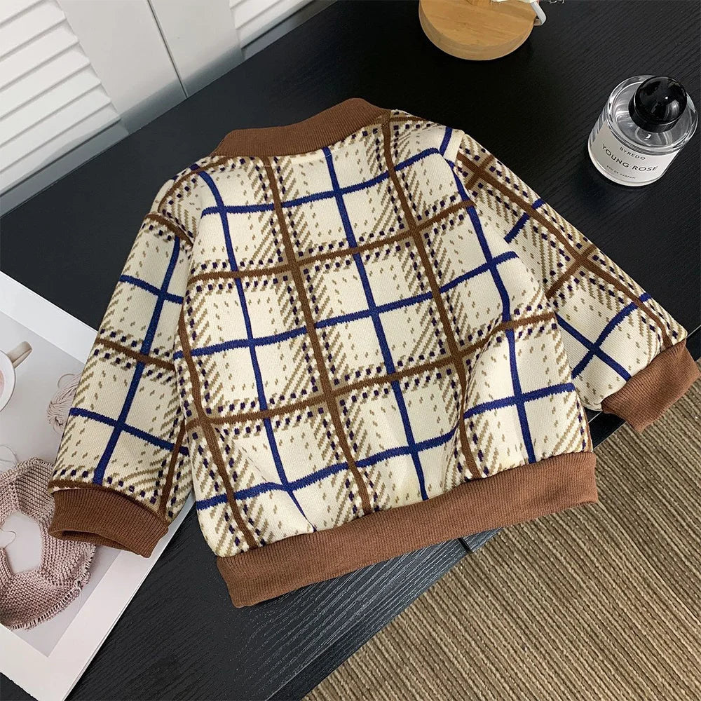 New Children's Warm Long-sleeves Boys And Girls Preppy Style Fashion Plaid T-shirt Kid's Clothing Knitwear Fleece-lined Top