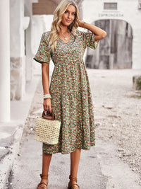 Summer Women V Neck Elegant Printed Short Sleeve High Waist A Line Floral Holiday Dress