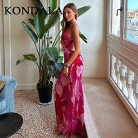 KONDALA 2026 Spring Summer Chiffon Boho Women Cami Dresses Fashion Strapless Sleeveless Print Zipper Chic Ladies Cami Dresses