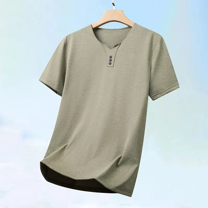 2025 New Men's Business Casual Three Button V-neck Short Sleeved T-shirt Korean Style Summer Comfortable Versatile Top