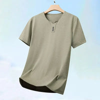 2025 New Men's Business Casual Three Button V-neck Short Sleeved T-shirt Korean Style Summer Comfortable Versatile Top