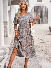 Summer Women V Neck Elegant Printed Short Sleeve High Waist A Line Floral Holiday Dress