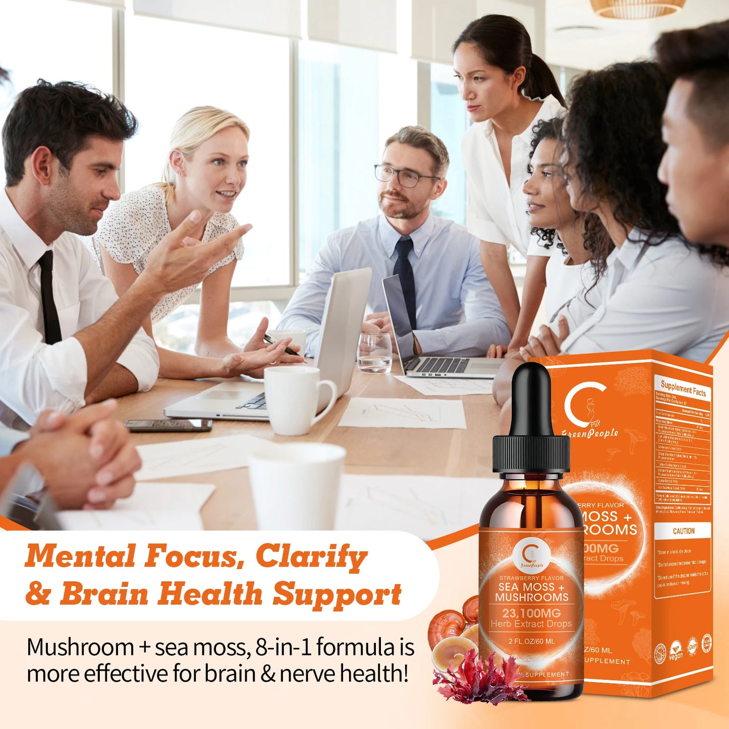 GPGP GreenPeople 60ML Organic Sea Moss & Mushroom Drops Support Brain and Neural Health, Increase Memory, Improve Focus