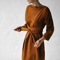 Fall Long Sleeve Loose Cotton Linen Dress Women 2024 Fashion Casual Solid New Lace-up Bow Maxi Dresses Elegant Vestidos