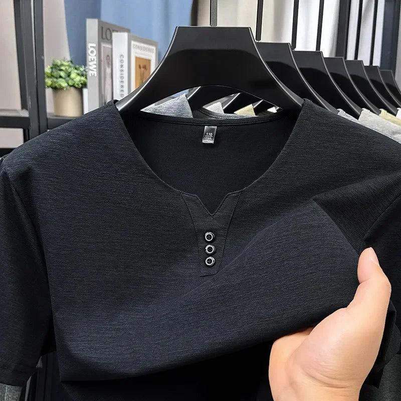 2025 New Men's Business Casual Three Button V-neck Short Sleeved T-shirt Korean Style Summer Comfortable Versatile Top