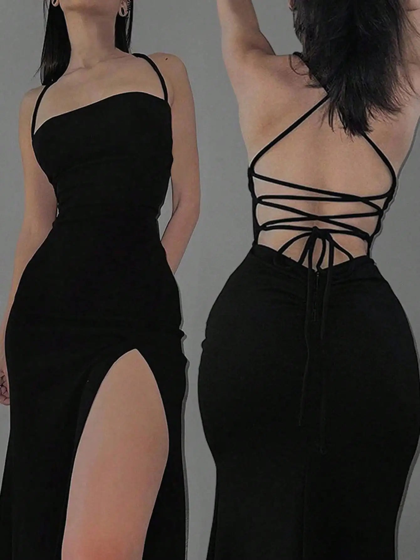 Sexy Solid Color Criss-Cross Backless High Slit Dress Summer Party
