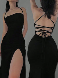 Sexy Solid Color Criss-Cross Backless High Slit Dress Summer Party