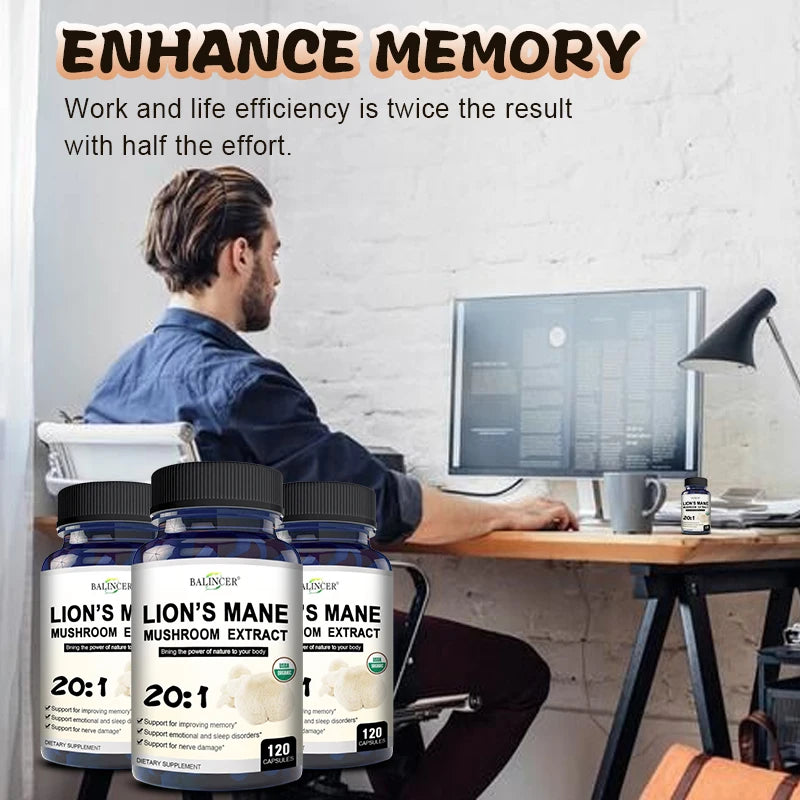 Lion's Mane Mushroom Extract Supplement for Mood and Sleep Health, Non-GMO, Gluten-free