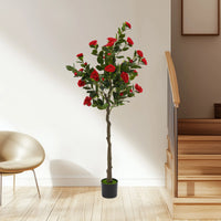 150cm Artificial Camellia Tree Camellia Plant in Pot with Red Flowers Red Artificial Camellia Trees for Living Rooms, Studies, B