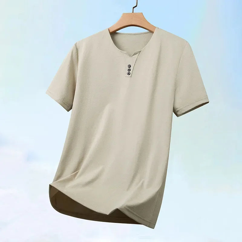 2025 New Men's Business Casual Three Button V-neck Short Sleeved T-shirt Korean Style Summer Comfortable Versatile Top