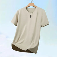 2025 New Men's Business Casual Three Button V-neck Short Sleeved T-shirt Korean Style Summer Comfortable Versatile Top