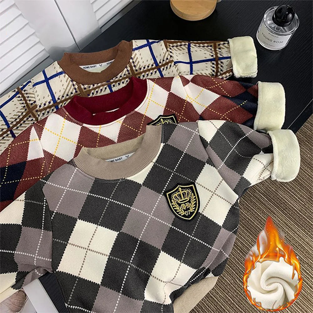 New Children's Warm Long-sleeves Boys And Girls Preppy Style Fashion Plaid T-shirt Kid's Clothing Knitwear Fleece-lined Top
