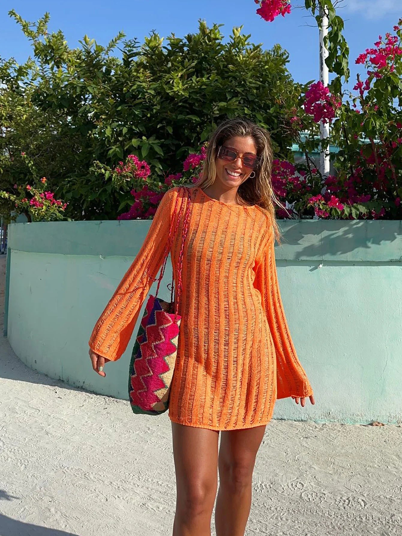 Sexy Hollow Out See-through Round Neck Solid Knit Dress 2025 Summer Women Holiday Vacation Beachwear Swimsuit Mini Dresses K281