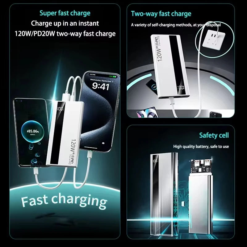 Lenovo 200000mAh Powerbank 120W Fast Charging Portable Battery Charger Ultra Capacity LED Digital Display For IPhone Samsung