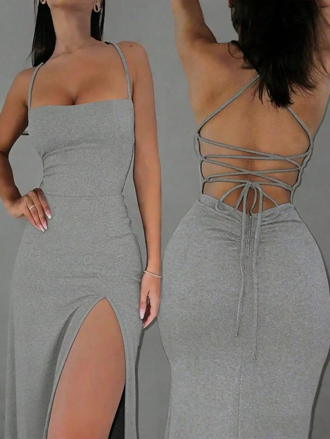 Sexy Solid Color Criss-Cross Backless High Slit Dress Summer Party