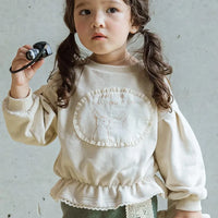 WT2768 Korean Style Spring Autumn Cute Rabbit Patch Lace Waist Short Sweatshirt for Girls Children's Clothing 2026 New Arrival