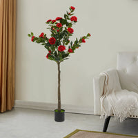 150cm Artificial Camellia Tree Camellia Plant in Pot with Red Flowers Red Artificial Camellia Trees for Living Rooms, Studies, B