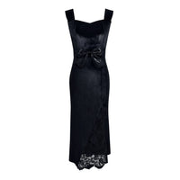 Women Velvet Maxi Dress Spring Summer Sleeveless Lace Patchwork Bow Waist Bodycon Evening Party Cocktail Runway Elegant Dress