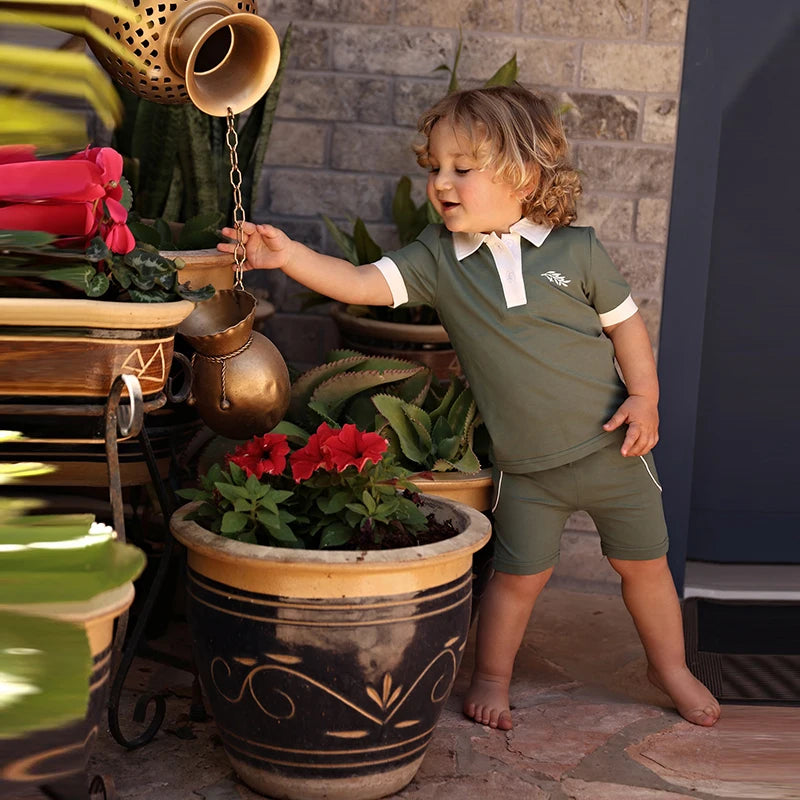 AA-SS26 Bow shabbos robe set family matching kds clothing olive leaf printed girls dresses boys shirt leggings baby romper