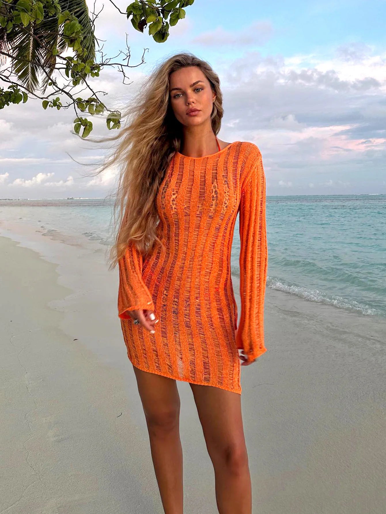Sexy Hollow Out See-through Round Neck Solid Knit Dress 2025 Summer Women Holiday Vacation Beachwear Swimsuit Mini Dresses K281
