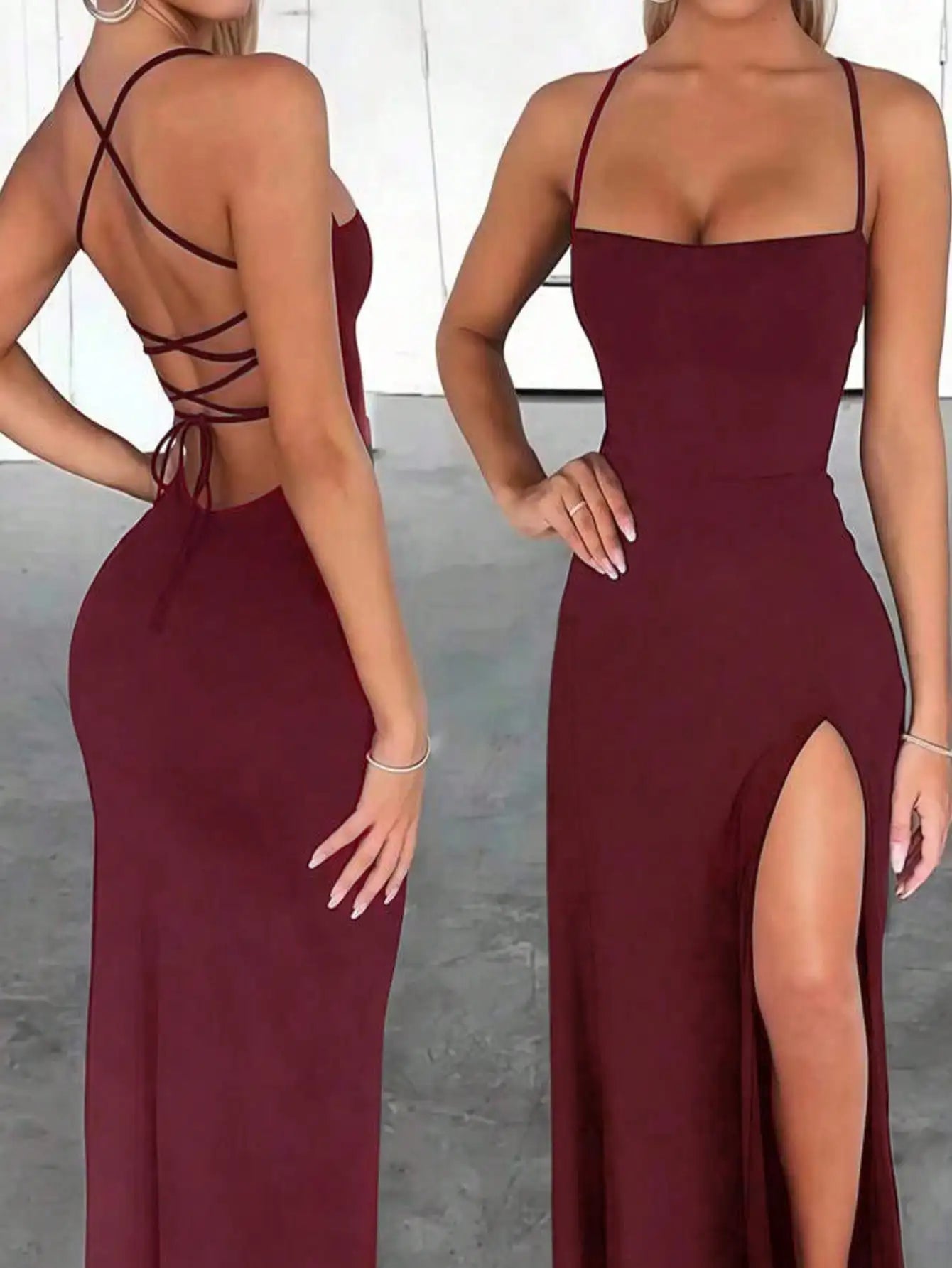 Sexy Solid Color Criss-Cross Backless High Slit Dress Summer Party