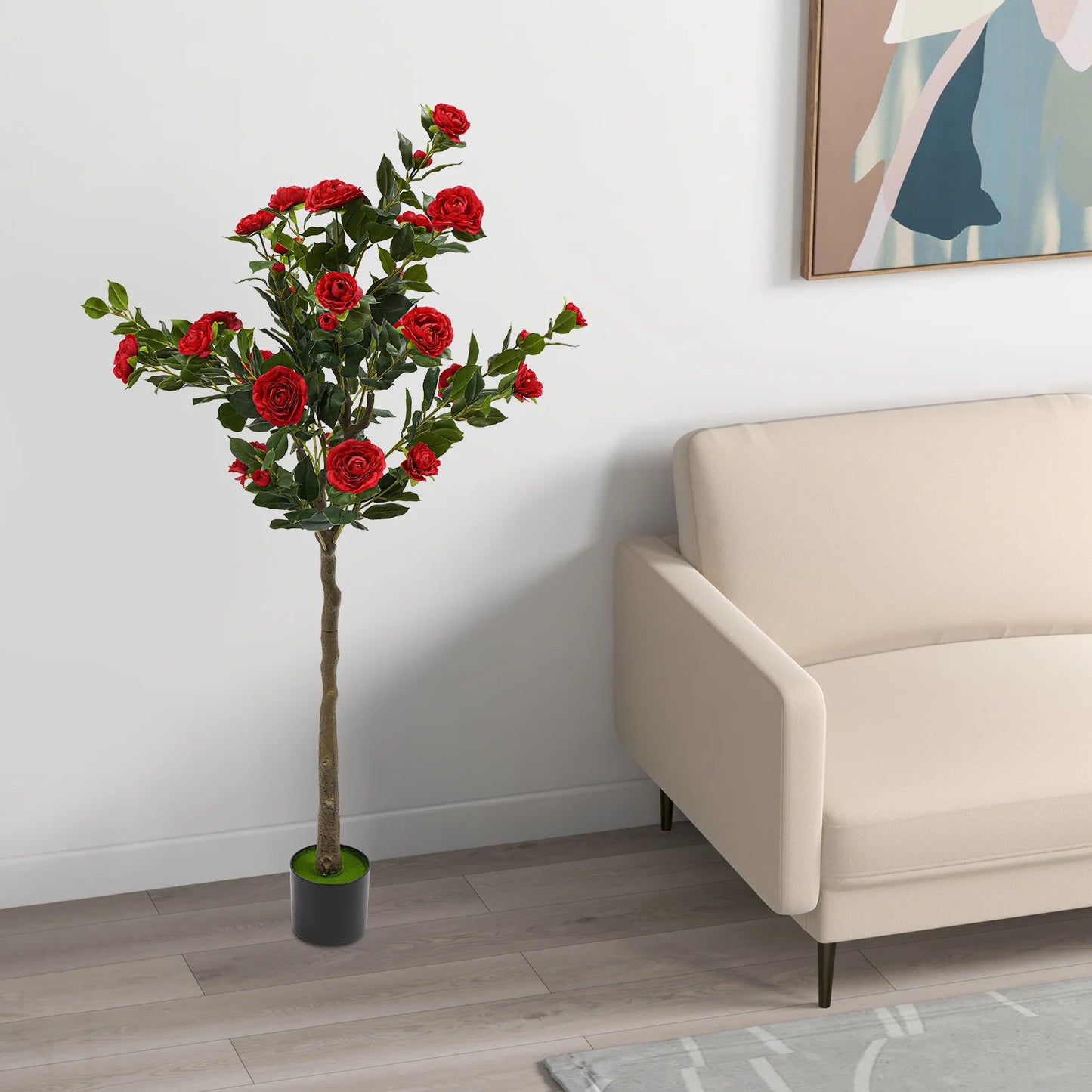 150cm Artificial Camellia Tree Camellia Plant in Pot with Red Flowers Red Artificial Camellia Trees for Living Rooms, Studies, B