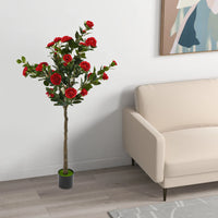 150cm Artificial Camellia Tree Camellia Plant in Pot with Red Flowers Red Artificial Camellia Trees for Living Rooms, Studies, B
